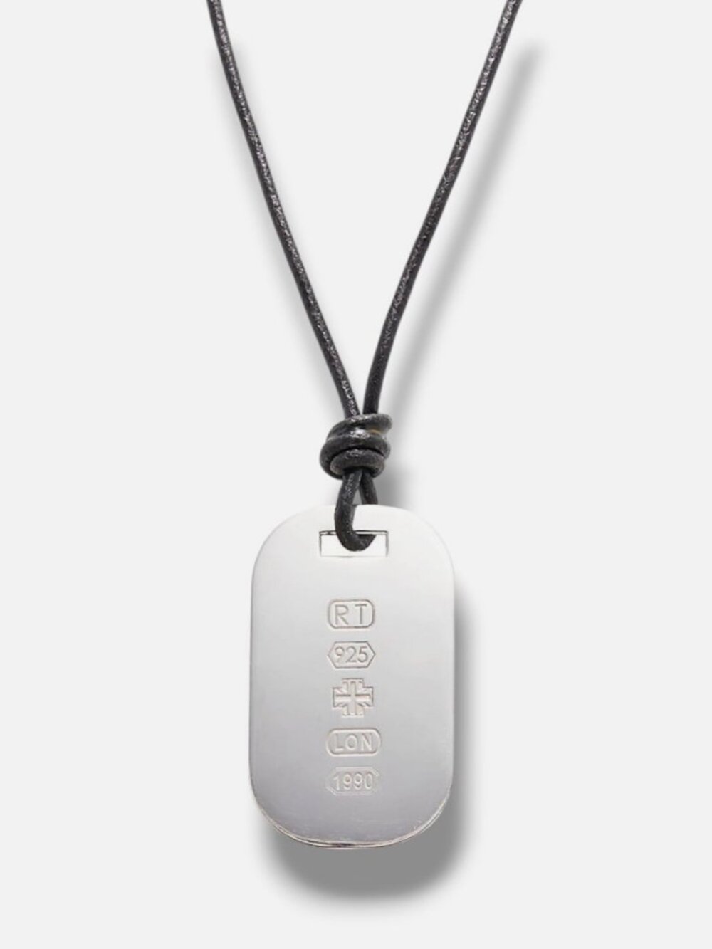 Tateossian Men's Rhodium Plated Sterling Silver Leather ID Tag Pendant Necklace